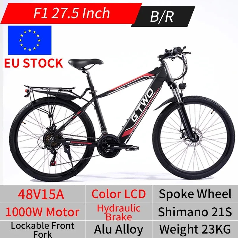 GTWO-Vélo de montagne électrique F1, 27.5 pouces, moteur arrière 1000W, 48V, 15Ah, vitesse maximale 40km, frein hydraulique