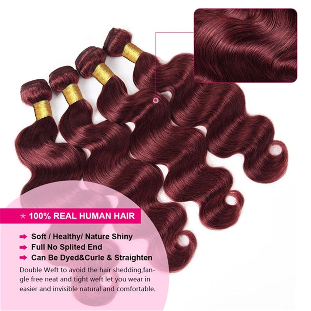 #99j  Human Hair Bundles Body Wave Wine Red Brazilian Remy Real Hair Extensions Remy Weaving 100% Human Hair 3 Bundles For Woman