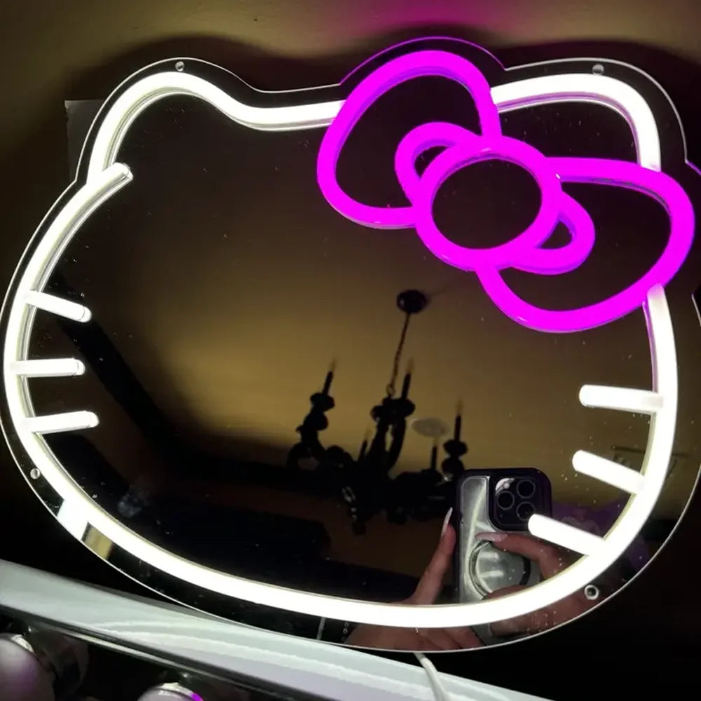 Hello Kitty LED Anime Mirror Neon Light for Girl Room Decor Cat Mirror Neon Light Up Birthday Kid Girl Gift Led Neon Mirror Sign