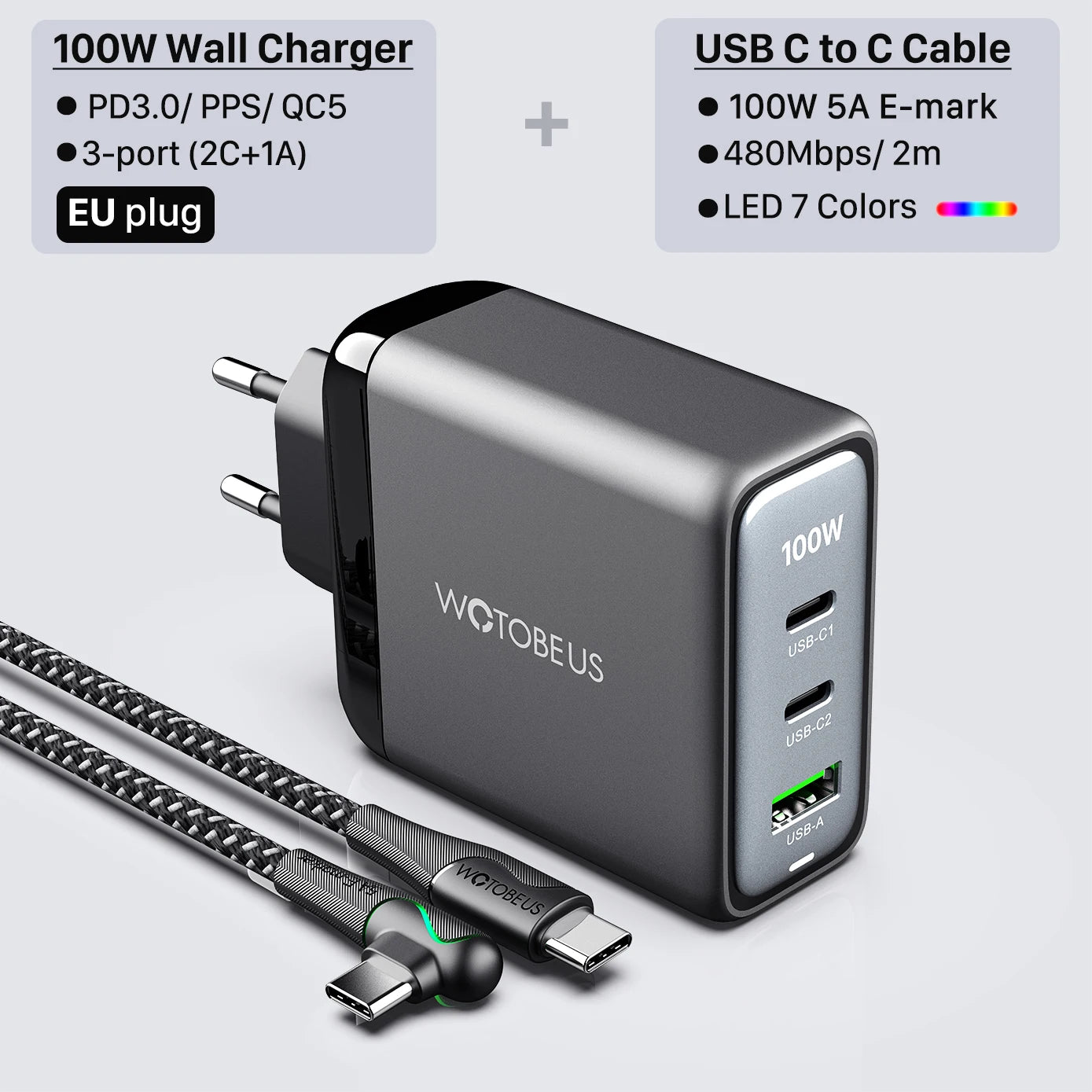 WOTOBEUS 100W GaN 3 Pro Wall Charger Quick Charge 5/4/3.0 USB C PD Fast Charger for MateBook Type-C Laptop iPhone14 13 12 mi13