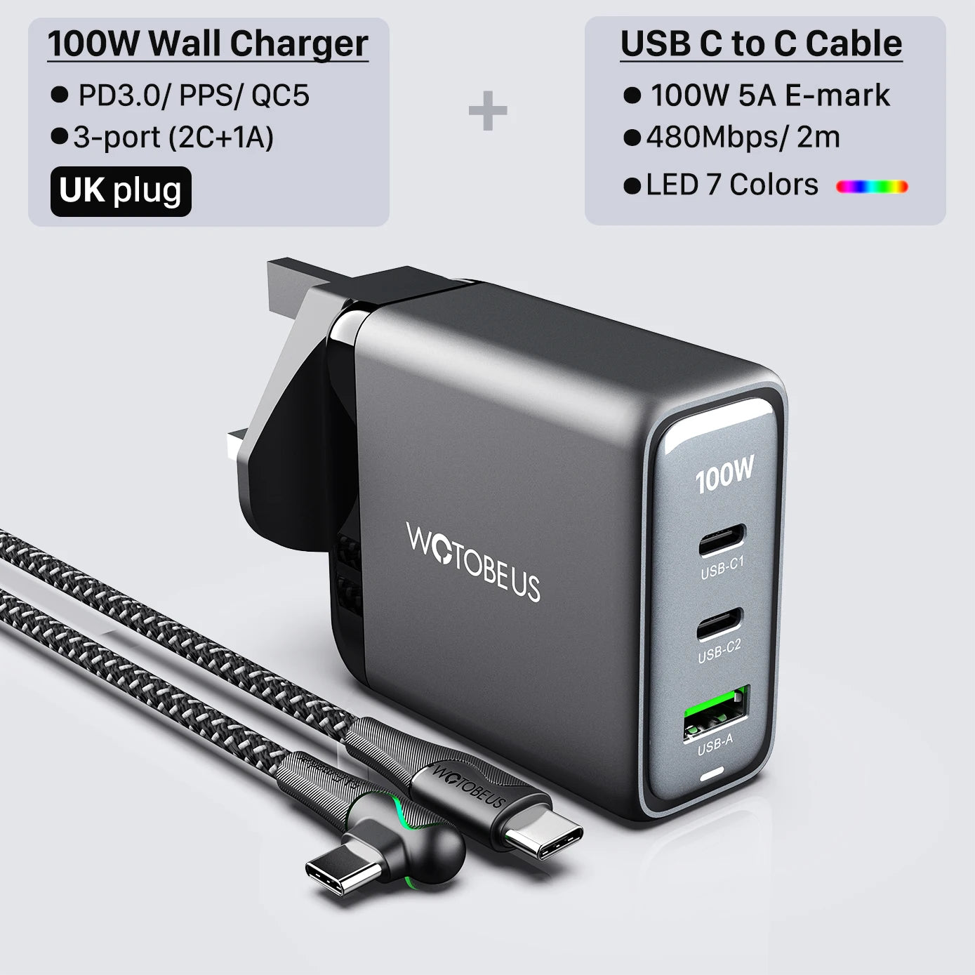 WOTOBEUS 100W GaN 3 Pro Wall Charger Quick Charge 5/4/3.0 USB C PD Fast Charger for MateBook Type-C Laptop iPhone14 13 12 mi13