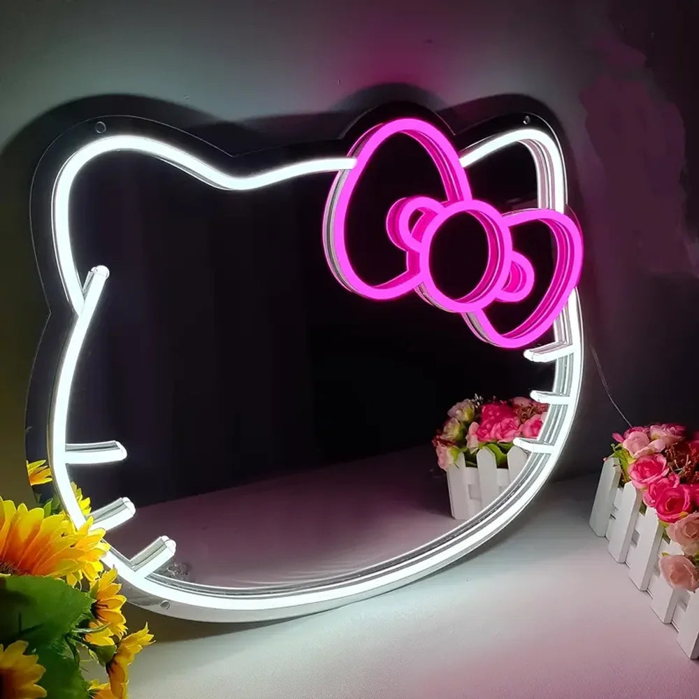 Hello Kitty LED Anime Mirror Neon Light for Girl Room Decor Cat Mirror Neon Light Up Birthday Kid Girl Gift Led Neon Mirror Sign