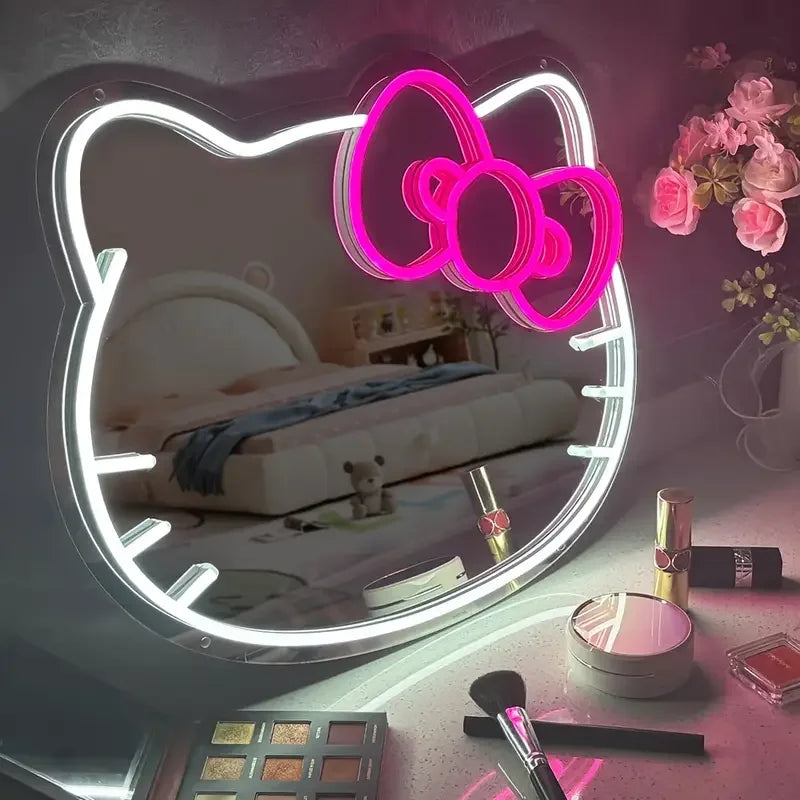 Hello Kitty LED Anime Mirror Neon Light for Girl Room Decor Cat Mirror Neon Light Up Birthday Kid Girl Gift Led Neon Mirror Sign