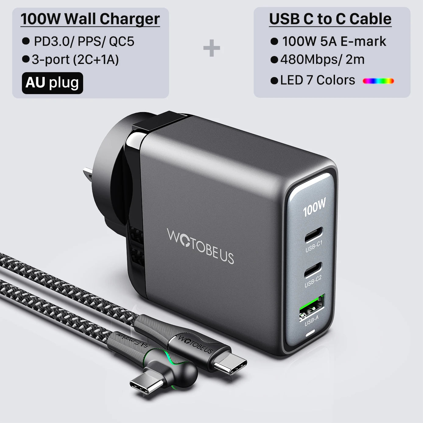 WOTOBEUS 100W GaN 3 Pro Wall Charger Quick Charge 5/4/3.0 USB C PD Fast Charger for MateBook Type-C Laptop iPhone14 13 12 mi13