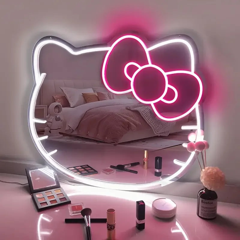 Hello Kitty LED Anime Mirror Neon Light for Girl Room Decor Cat Mirror Neon Light Up Birthday Kid Girl Gift Led Neon Mirror Sign