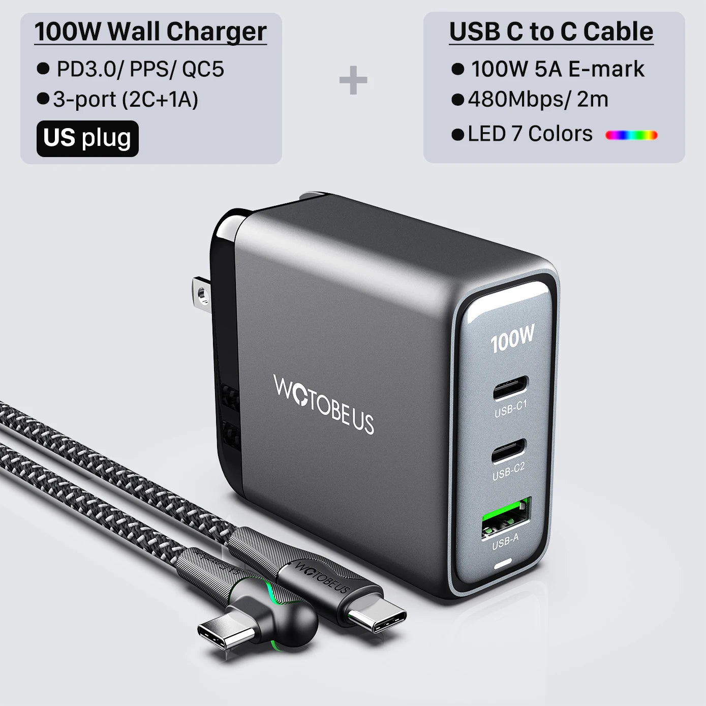 WOTOBEUS 100W GaN 3 Pro Wall Charger Quick Charge 5/4/3.0 USB C PD Fast Charger for MateBook Type-C Laptop iPhone14 13 12 mi13